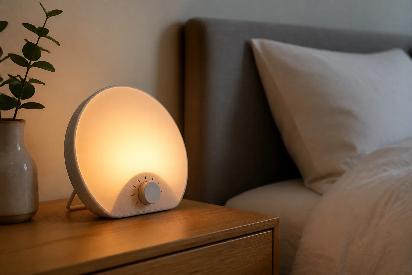 Despertador de luz junto a la cama con control de duración del amanecer