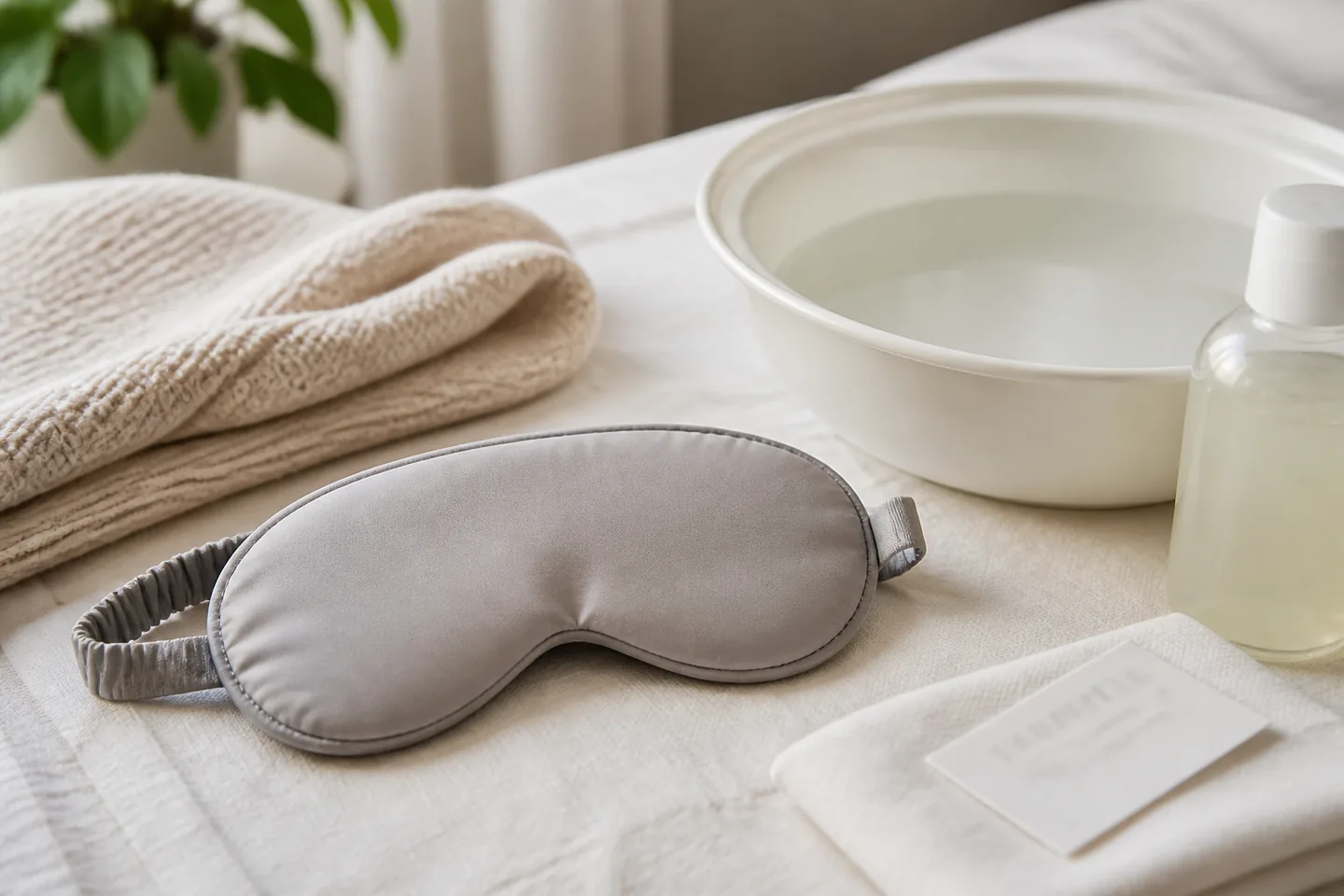 Antifaz para dormir junto a un recipiente para lavado suave