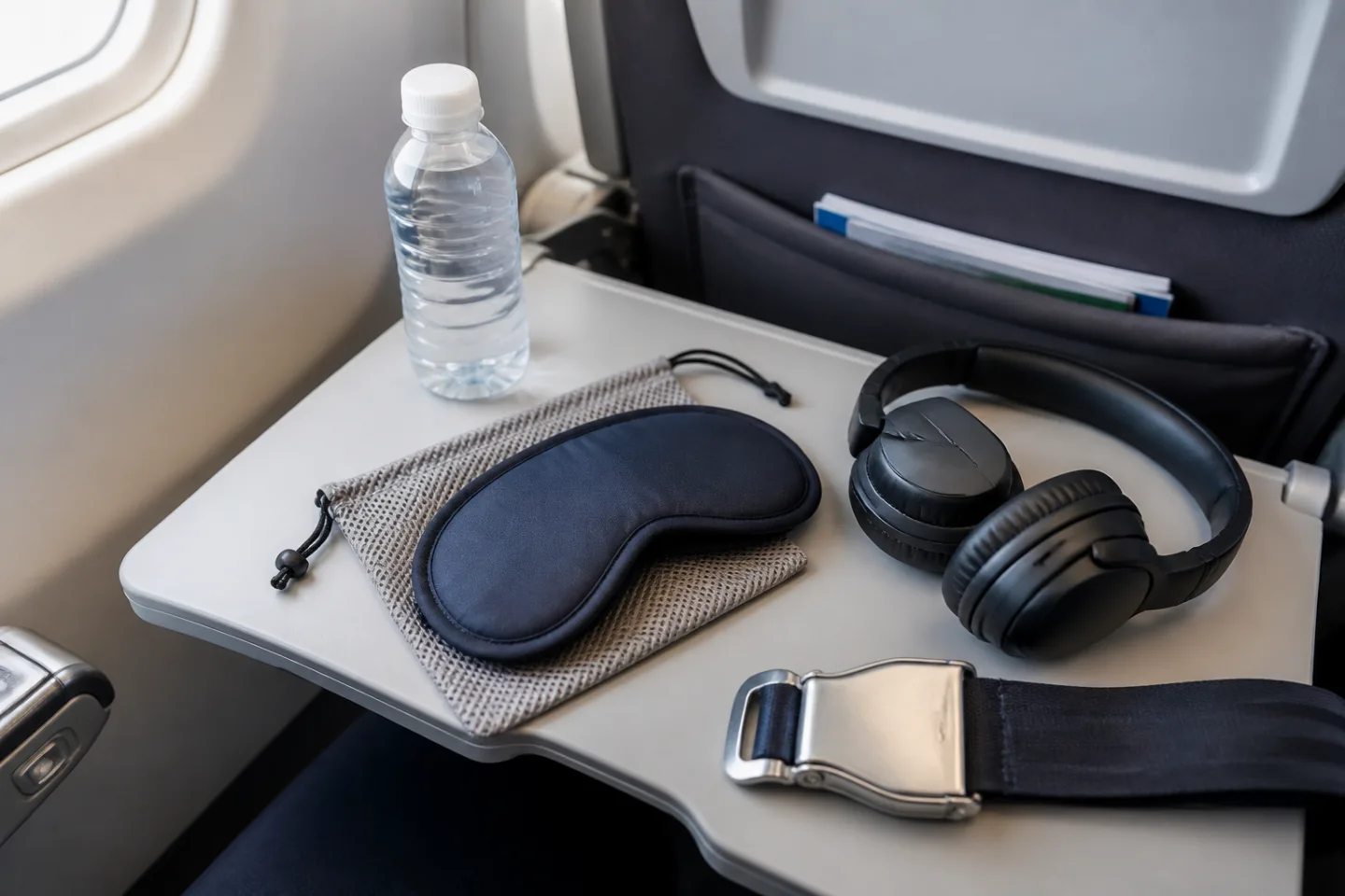 Preparación de un antifaz limpio y ajustable antes de un vuelo