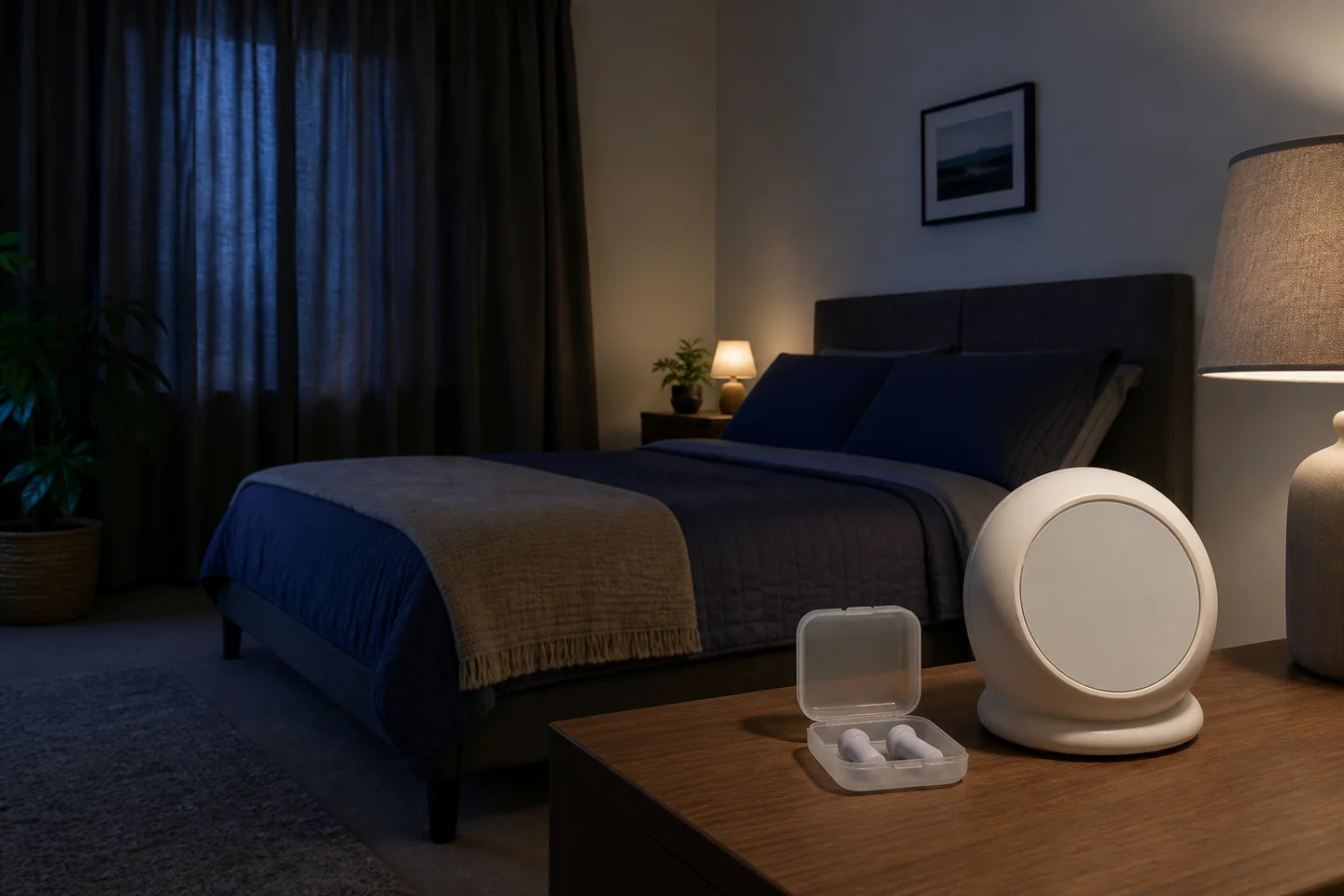 Rutina nocturna con tapones reutilizables sin marca y alarma luminosa