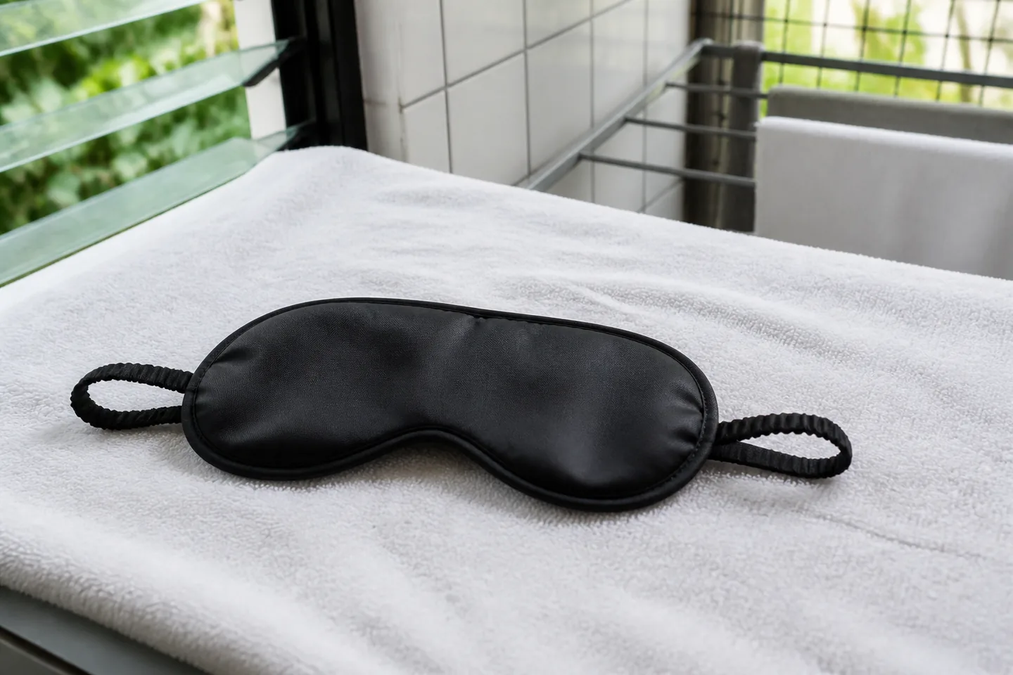 Antifaz para dormir secÃ¡ndose en plano sobre una toalla