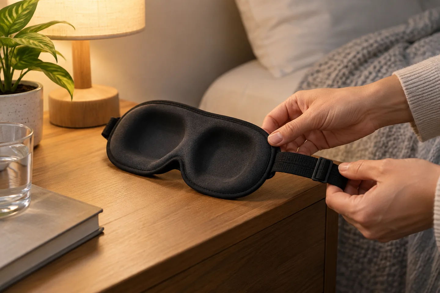 Antifaz para dormir con cinta ajustable sobre una mesilla nocturna