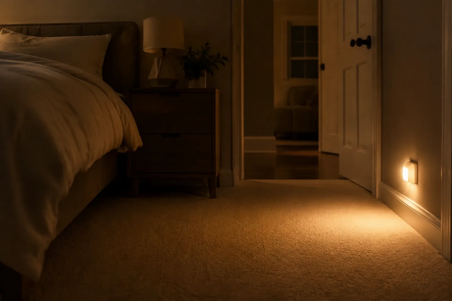 Luz nocturna ámbar colocada a baja altura junto al paso