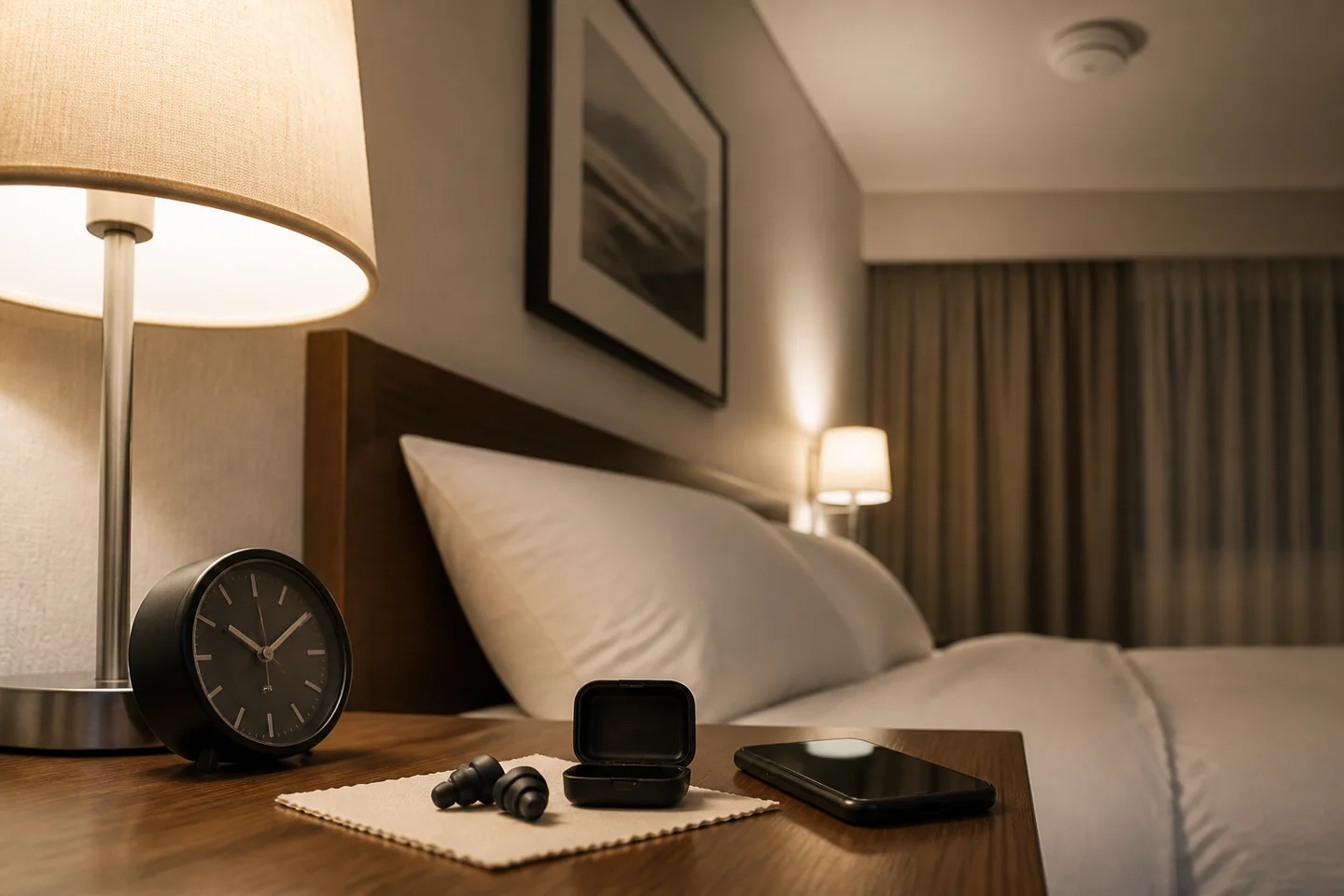 Rutina segura en hotel con tapones reutilizables sin marca, alarmas y estuche limpio