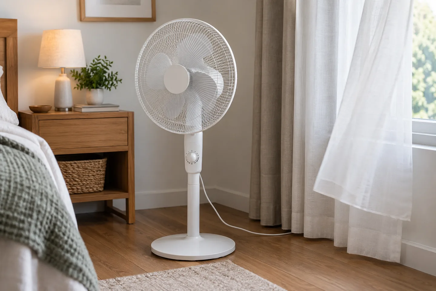 Ventilador silencioso para dormitorio con cable y rejilla colocados de forma segura
